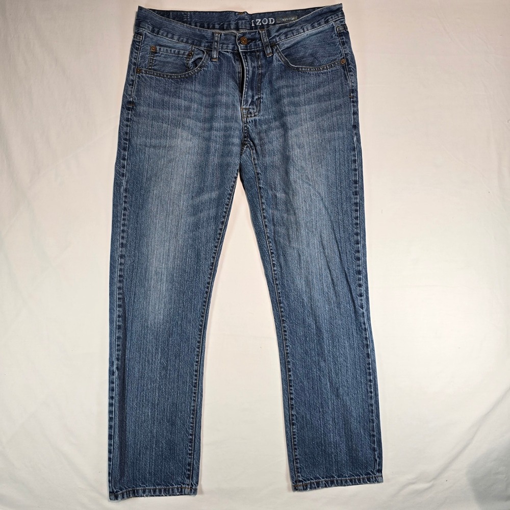 IZOD Mens Slim Straight‎ Fit Jeans Medium Wash Blue Denim 34x30 ICL-16427D